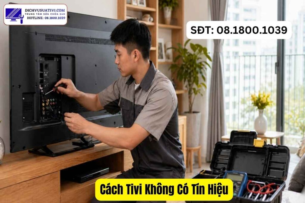 Kỹ thuật viên Điện Máy Minh kiểm tra main tivi