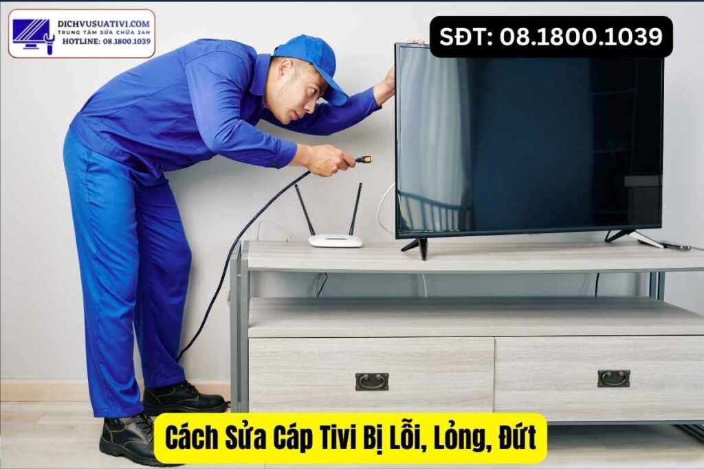 Kỹ thuật viên kiểm tra cáp và bo mạch tivi
